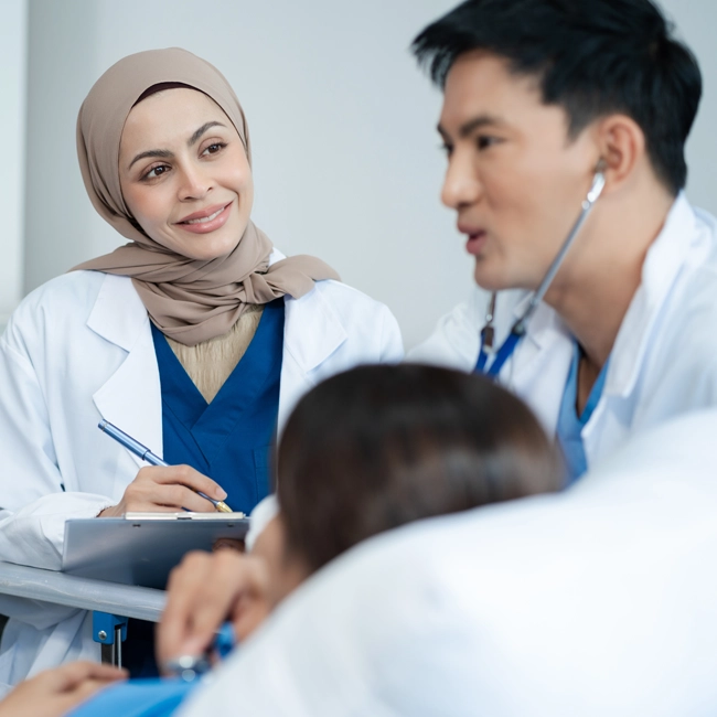 Research clinicians supporting a patient undergoing observation in a Phase 1 clinical trial at Equity Medical's facilities in New York and Kentucky