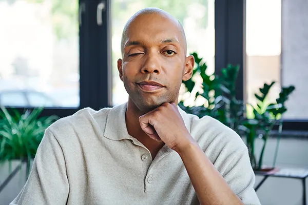A man exhibiting drooping eyelid symptoms, a common focus for Myasthenia Gravis clinical trials available across the United States with Equity Medical.
